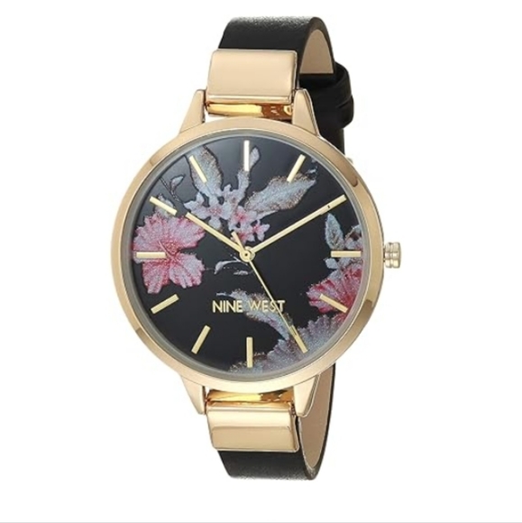 Women\'s Floral Dial Strap Watch Black Gold main image 4